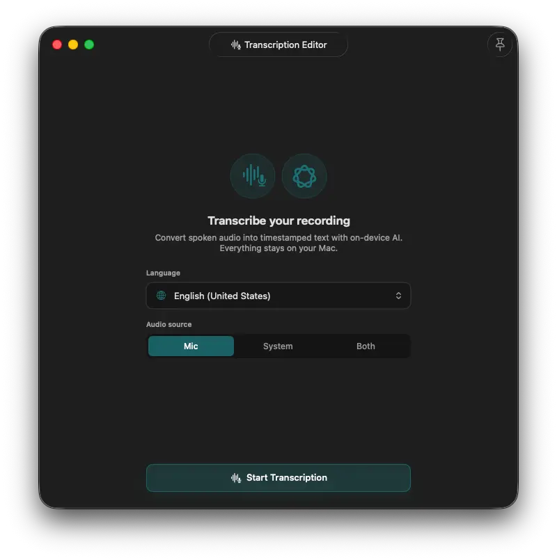 flowy transcription editor with language and audio source controls