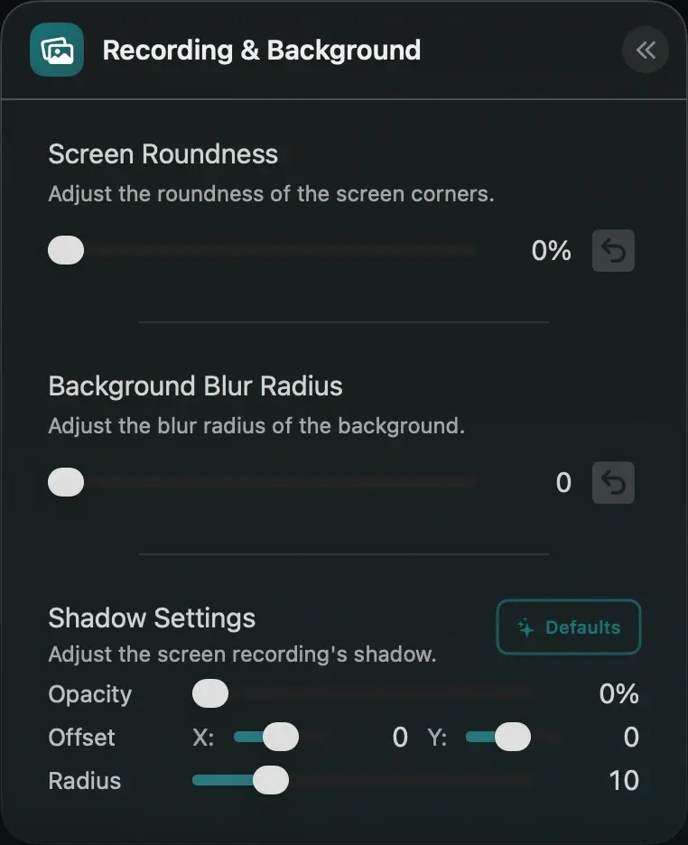 flowy Background panel showing Screen Roundness, Background Blur Radius, and Shadow Settings