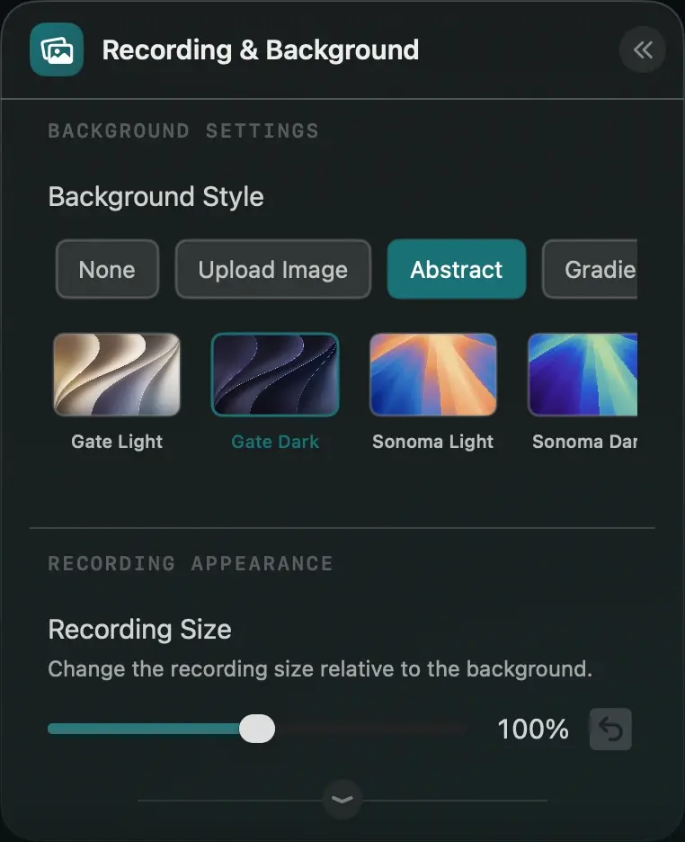 flowy Background panel showing Abstract presets and the Recording Size slider